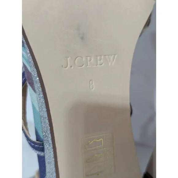 J. Crew Women's Multi-Color Plaid Ankle Strap Flat Silver Glitter Wedge Sandals