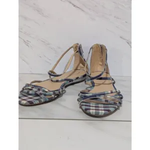 J. Crew Women's Multi-Color Plaid Ankle Strap Flat Silver Glitter Wedge Sandals
