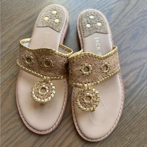 Jack Rogers Jacks Cork Gold Flat Sandals 6.5 boho bohemian eclectic nautical