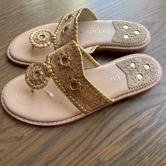 Jack Rogers Jacks Cork Gold Flat Sandals 6.5 boho bohemian eclectic nautical