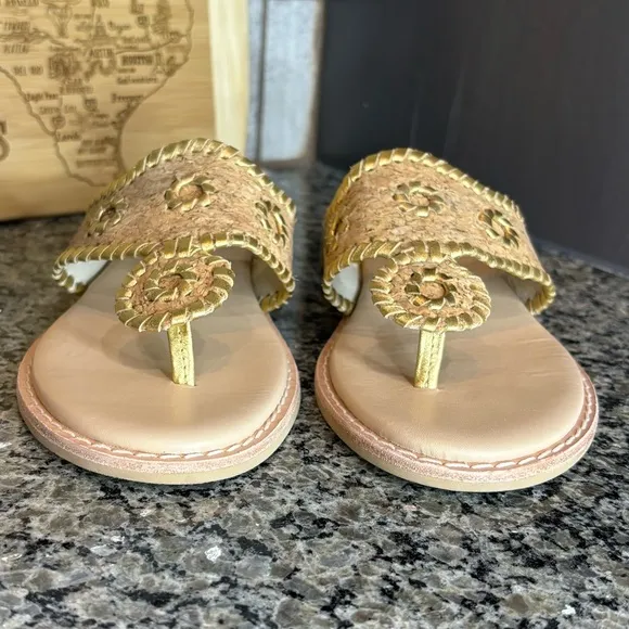 Jack Rogers Jacks II Cork Gold Toe Post Flat Sandals Size 7 1/2