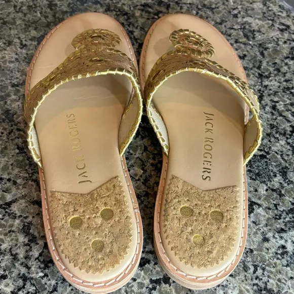 Jack Rogers Jacks II Cork Gold Toe Post Flat Sandals Size 7 1/2