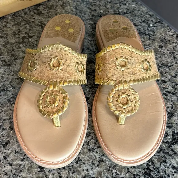 Jack Rogers Jacks II Cork Gold Toe Post Flat Sandals Size 7 1/2