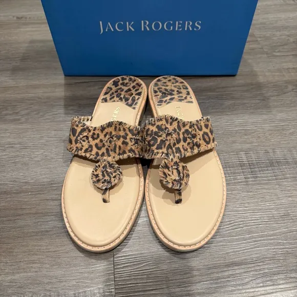 Jack Rogers Jacks II Flat Leopard Suede Leather Sandals