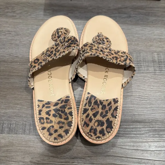 Jack Rogers Jacks II Flat Leopard Suede Leather Sandals