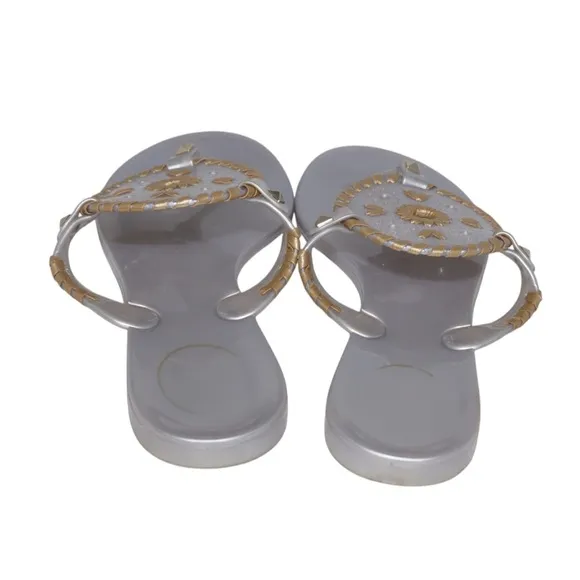 Jack Rogers Jelly Silver Sandals with Gold Embroidery Accents, Size 8
