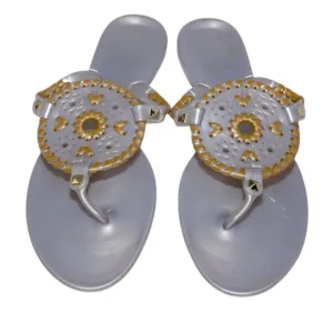 Jack Rogers Jelly Silver Sandals with Gold Embroidery Accents, Size 8