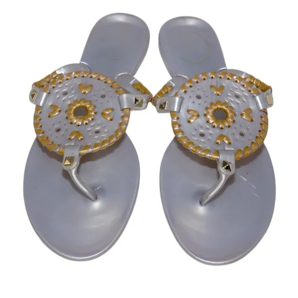 Jack Rogers Jelly Silver Sandals with Gold Embroidery Accents, Size 8