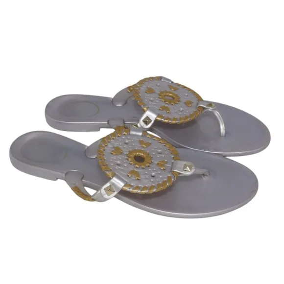 Jack Rogers Jelly Silver Sandals with Gold Embroidery Accents, Size 8
