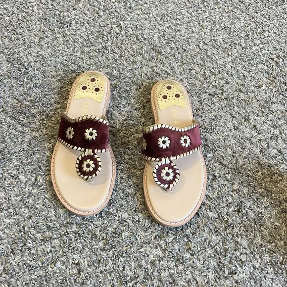 Jack Rogers Women's Jack Flat Sandals Velvet Burgundy Gold Leather Trim 6 M NEW
