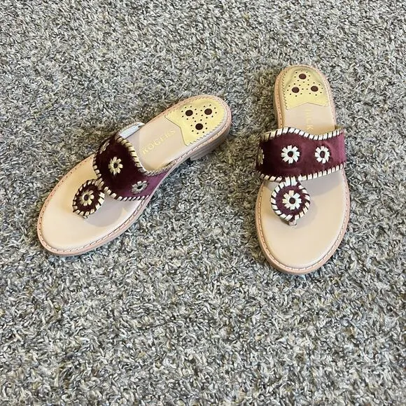 Jack Rogers Women's Jack Flat Sandals Velvet Burgundy Gold Leather Trim 6 M NEW