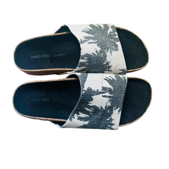 James Perse Canvas/Cork Flat Slide On Palm Tree Sandals