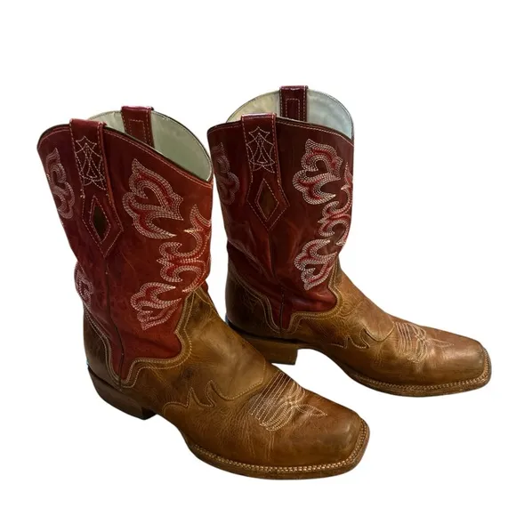 J.B. Dillon Cooper Cowboy Western Boots Men's Leather Red Tan Size 10 EE