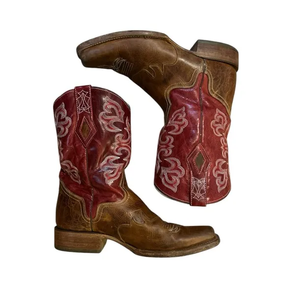 J.B. Dillon Cooper Cowboy Western Boots Men's Leather Red Tan Size 10 EE