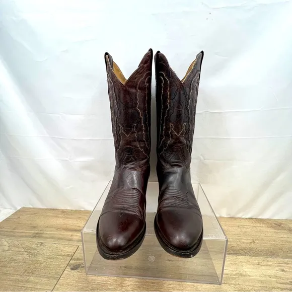 J.B. Dillon men's Brown  cream stitch Genuine Goat pull-on cowboy boots