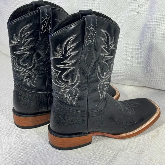 JB Dillon Mens Size 6.5 D Black Ostrich Leather Square Toe Cowboy Boots