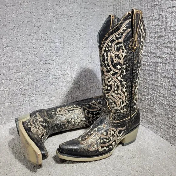 J.B Dillon Reserve Women’s Size 7B Inlay Leather Cowboy Western Boots JBR04014