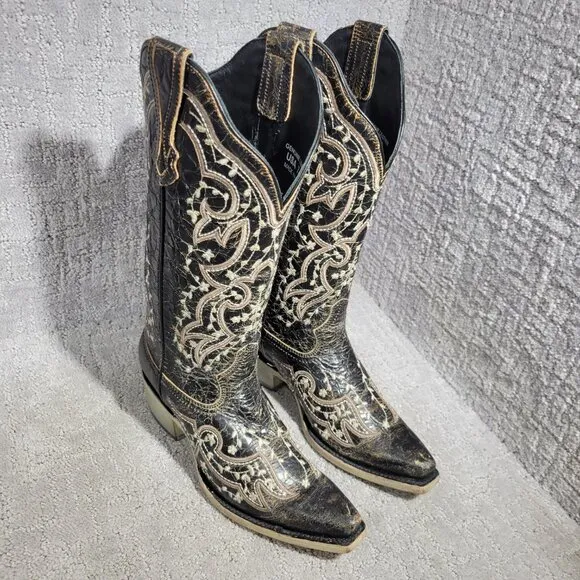 J.B Dillon Reserve Women’s Size 7B Inlay Leather Cowboy Western Boots JBR04014