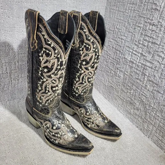 J.B Dillon Reserve Women’s Size 7B Inlay Leather Cowboy Western Boots JBR04014