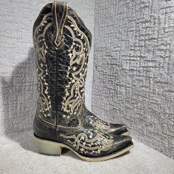 J.B Dillon Reserve Women’s Size 7B Inlay Leather Cowboy Western Boots JBR04014