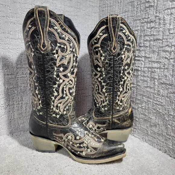 J.B Dillon Reserve Women’s Size 7B Inlay Leather Cowboy Western Boots JBR04014