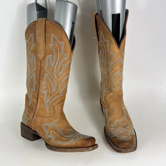 J.b. Dillon Western Cowboy Boots Women's 5 Brown Leather Slip On Embroidered