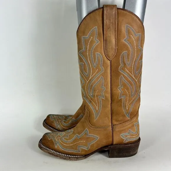 J.b. Dillon Western Cowboy Boots Women's 5 Brown Leather Slip On Embroidered