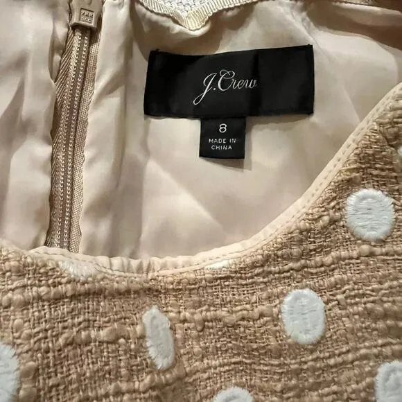 J.CREW MARCY POLKA-DOT EMBROIDERED TWEED MINI DRESS IN CAMEL Size 8 NWOT