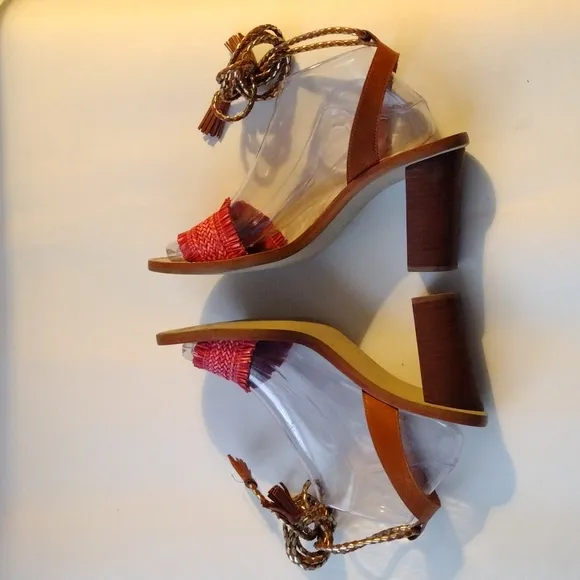 J.Crew red raffia ankle tie high heel sandals 9
