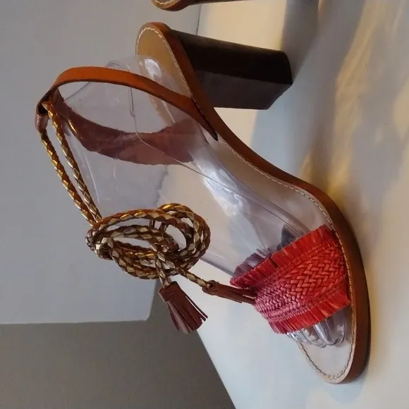 J.Crew red raffia ankle tie high heel sandals 9