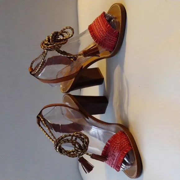 J.Crew red raffia ankle tie high heel sandals 9