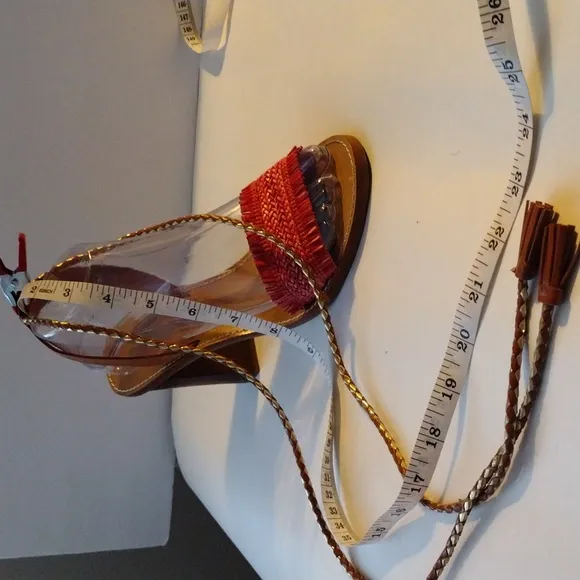 J.Crew red raffia ankle tie high heel sandals 9