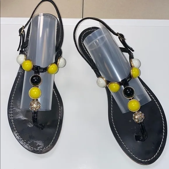 J.Crew Sz.9 Black Leather Beaded Flat Sandal Italy