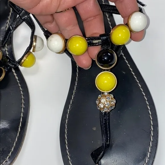 J.Crew Sz.9 Black Leather Beaded Flat Sandal Italy