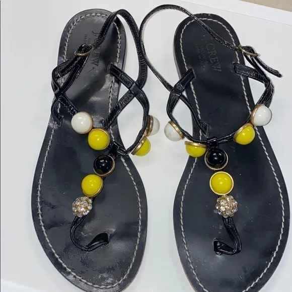 J.Crew Sz.9 Black Leather Beaded Flat Sandal Italy