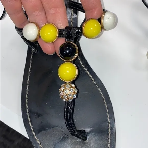 J.Crew Sz.9 Black Leather Beaded Flat Sandal Italy