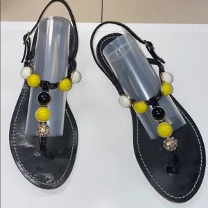 J.Crew Sz.9 Black Leather Beaded Flat Sandal Italy