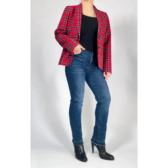 J.Crew Womans Blazer Red Blue Plaid Suit Jacket Blazer Size 6 Cotton Viscose
