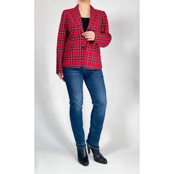 J.Crew Womans Blazer Red Blue Plaid Suit Jacket Blazer Size 6 Cotton Viscose