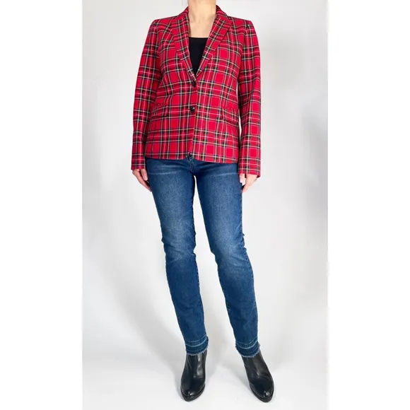 J.Crew Womans Blazer Red Blue Plaid Suit Jacket Blazer Size 6 Cotton Viscose