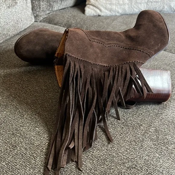 Jeffrey Campbell Brown Suede Fringe Ankle Boho Boots Bootie Size 8.5