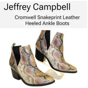 JEFFREY CAMPBELL Cromwell Snakeprint Leather Heeled Ankle Boots Size 8. EUC