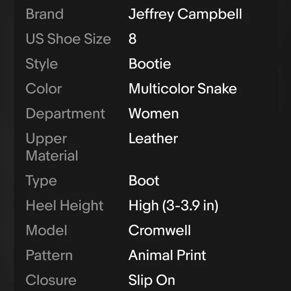JEFFREY CAMPBELL Cromwell Snakeprint Leather Heeled Ankle Boots Size 8. EUC