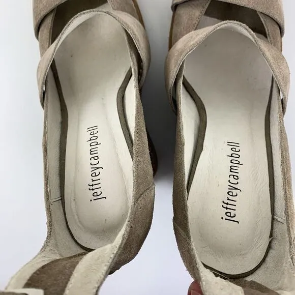 Jeffrey Campbell Dakota High Wedge Sandals Ankle Buckle Taupe Suede Womens 6.5