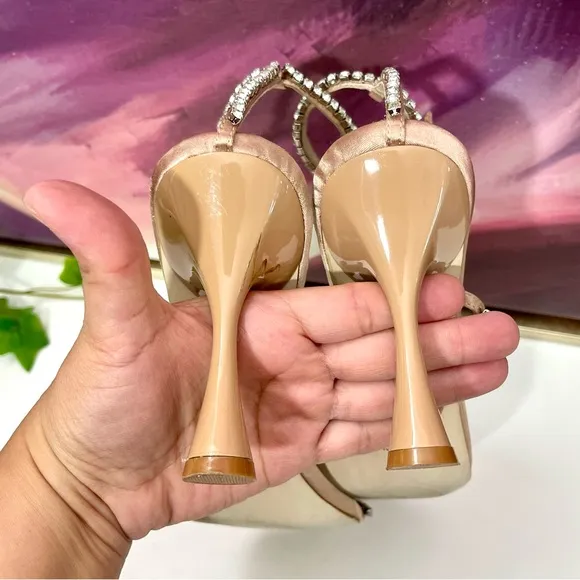 Jeffrey Campbell Demonic EmbellishedHigh Heel Sandals in Natural Satin Size 9