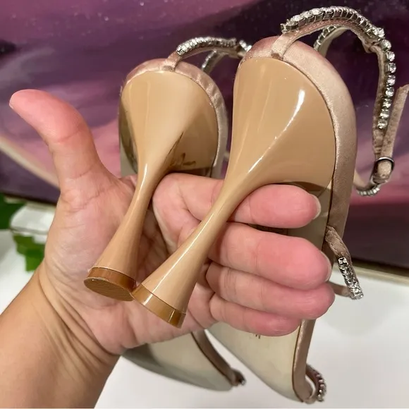 Jeffrey Campbell Demonic EmbellishedHigh Heel Sandals in Natural Satin Size 9