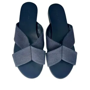 Jenni Kayne Shoes 7 Navy Linen Crossover Slide On Flat Sandals Women's