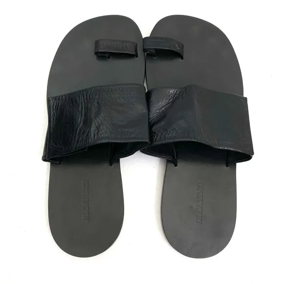 JIL SANDER Black Toe Ring Sandals 10 Flat Slip On Calf Leather