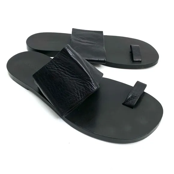 JIL SANDER Black Toe Ring Sandals 10 Flat Slip On Calf Leather