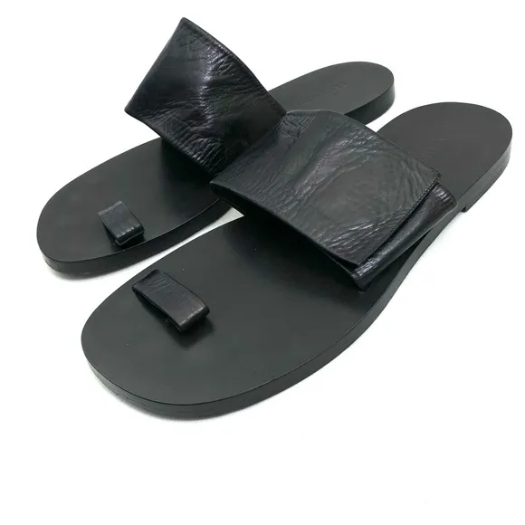 JIL SANDER Black Toe Ring Sandals 10 Flat Slip On Calf Leather